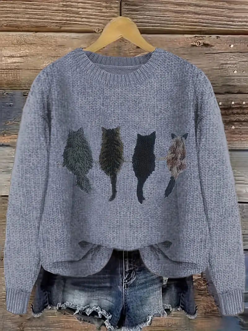 Urvana - Cat Print Long Sleeve Sweater
