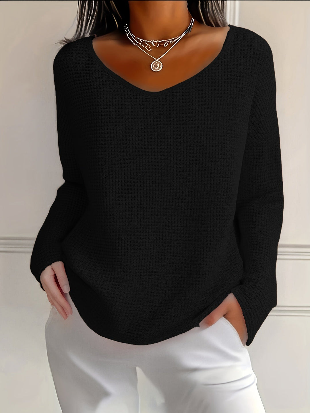 Aveliea - Waffle Long Sleeve V-Neck Shirt