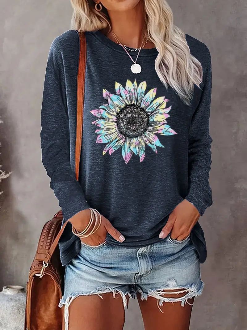 Levine - Elegant Long Sleeve Tunic Top With Sunflower Print