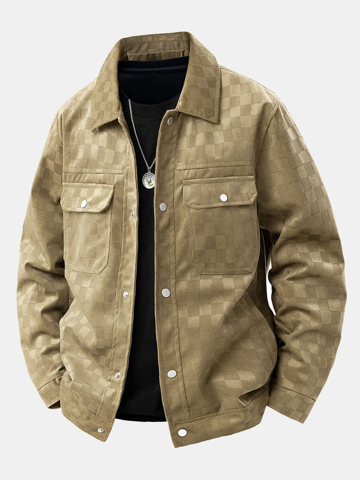 Leander - Checkerboard Print Faux Suede Pocket Jacket
