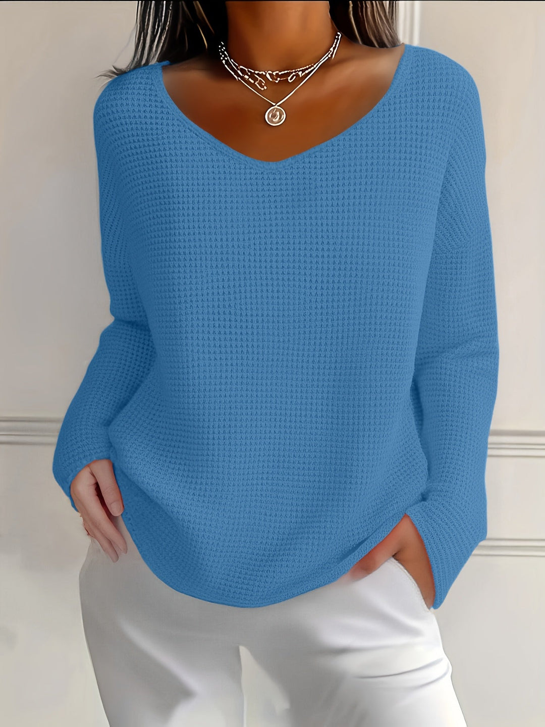 Aveliea - Waffle Long Sleeve V-Neck Shirt
