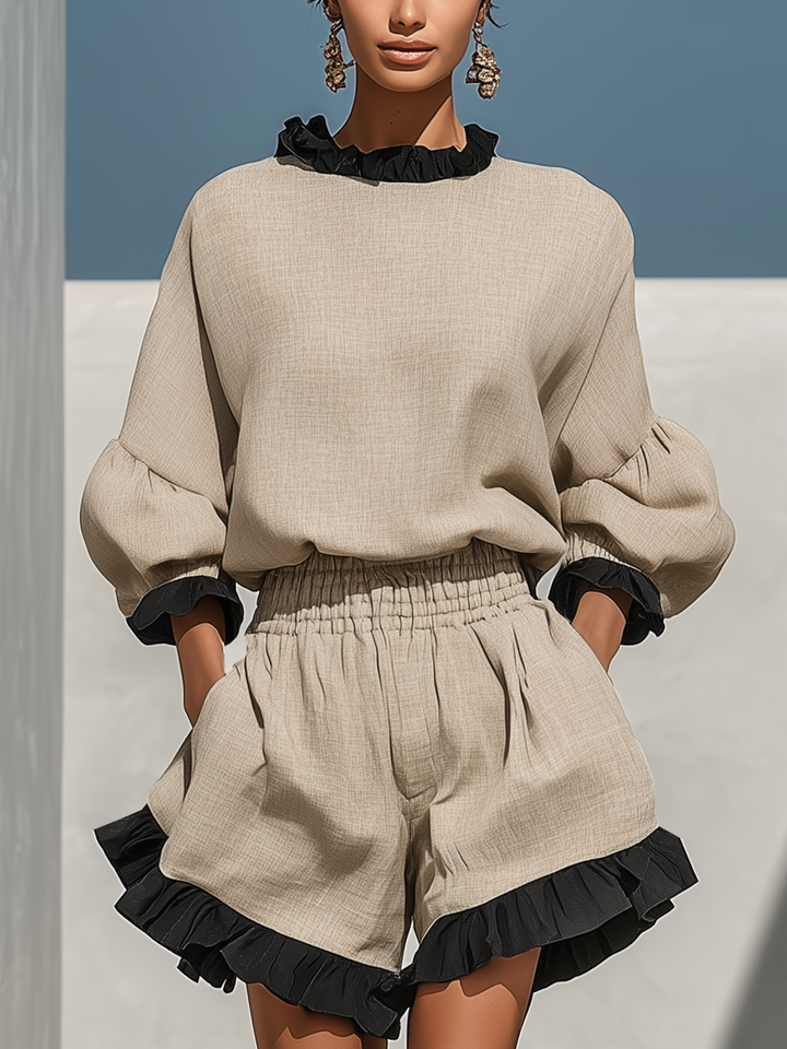 Simi - Blouse And Shorts With Linen Ruffle Trim