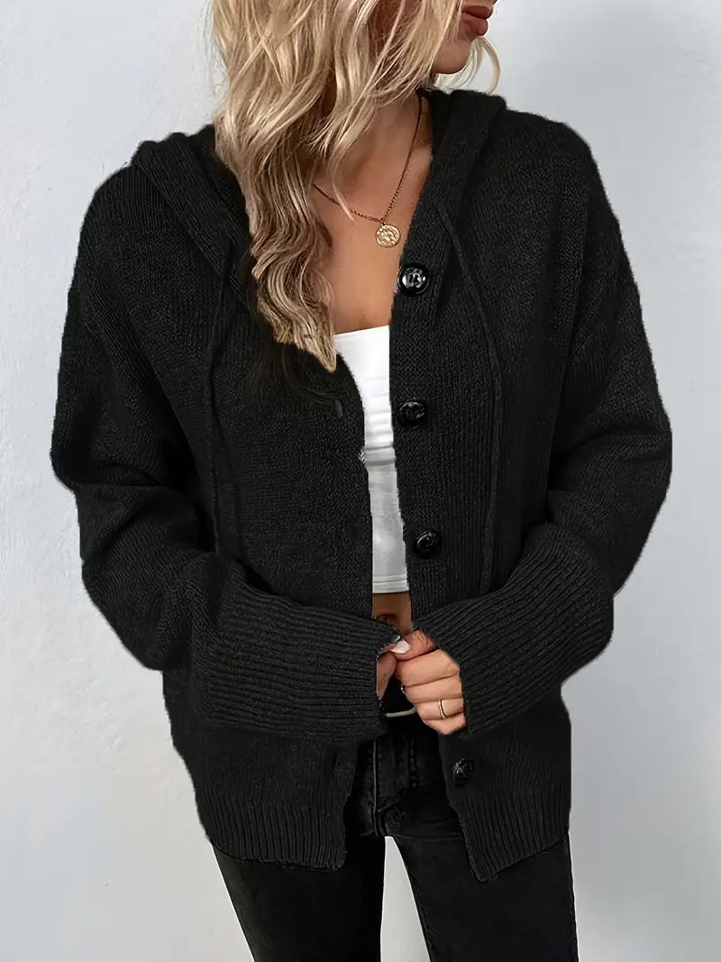Suthida - Elegant Long Sleeve Hooded Sweater With Button