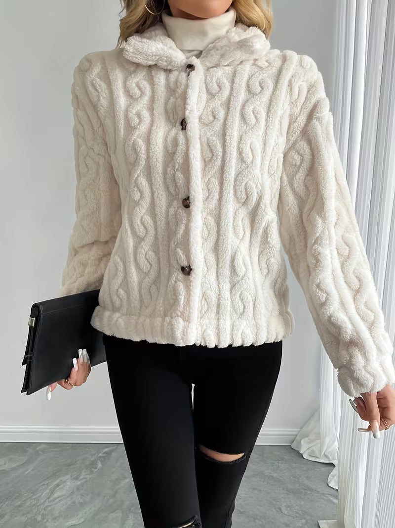 Rosaella - Cable Textured Fuzzy Teddy Jacket