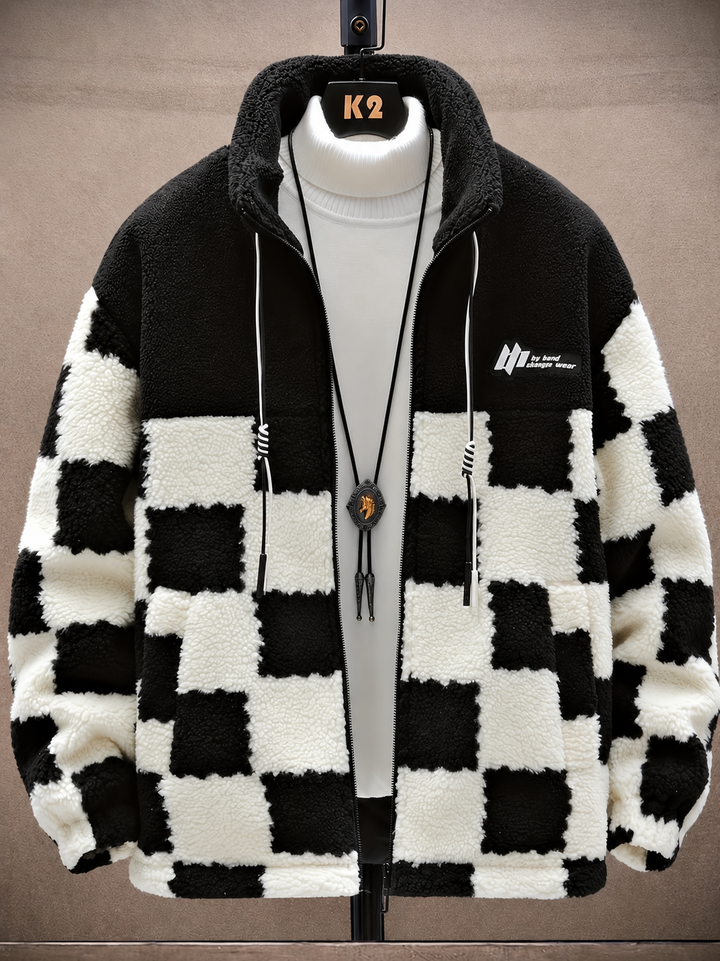 Opheeaa - Hooded Zip Up Checkered Fleece Jacket