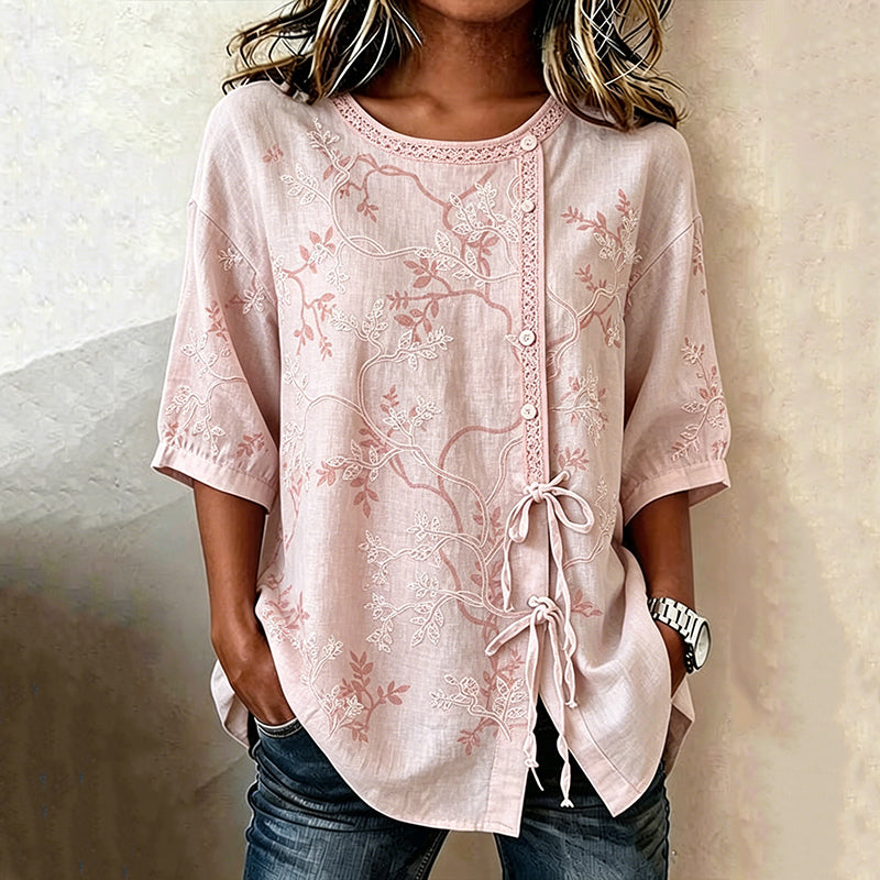 Tilija - Half Sleeve Tie Front Embroidered Blouse