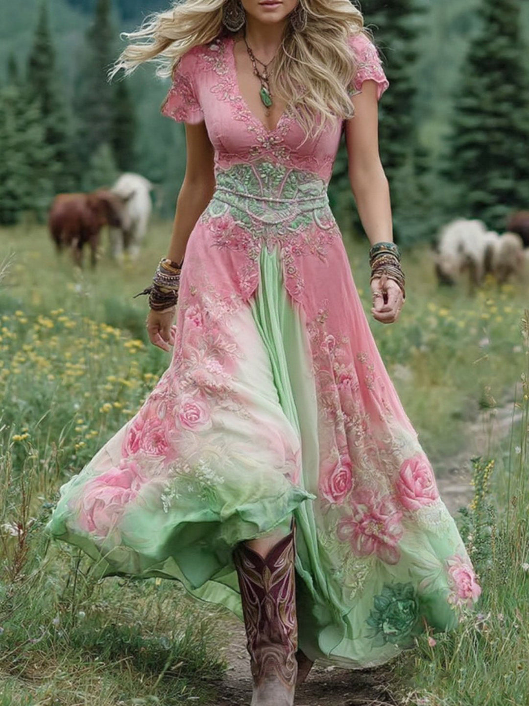 Marcina - Elegant Maxi Dress With Floral Hues