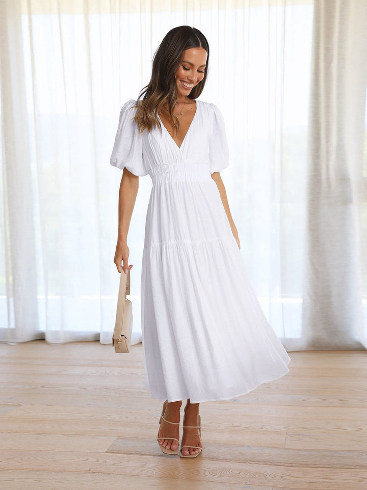 Delphine - Stylish Midi Dress With V-neck And Ruffle Sleeves