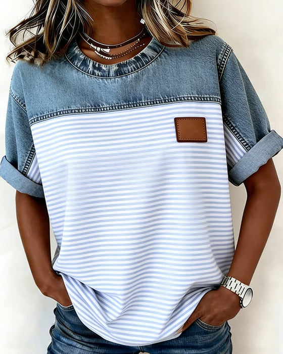 Tessie - Striped Panel Denim Blouse