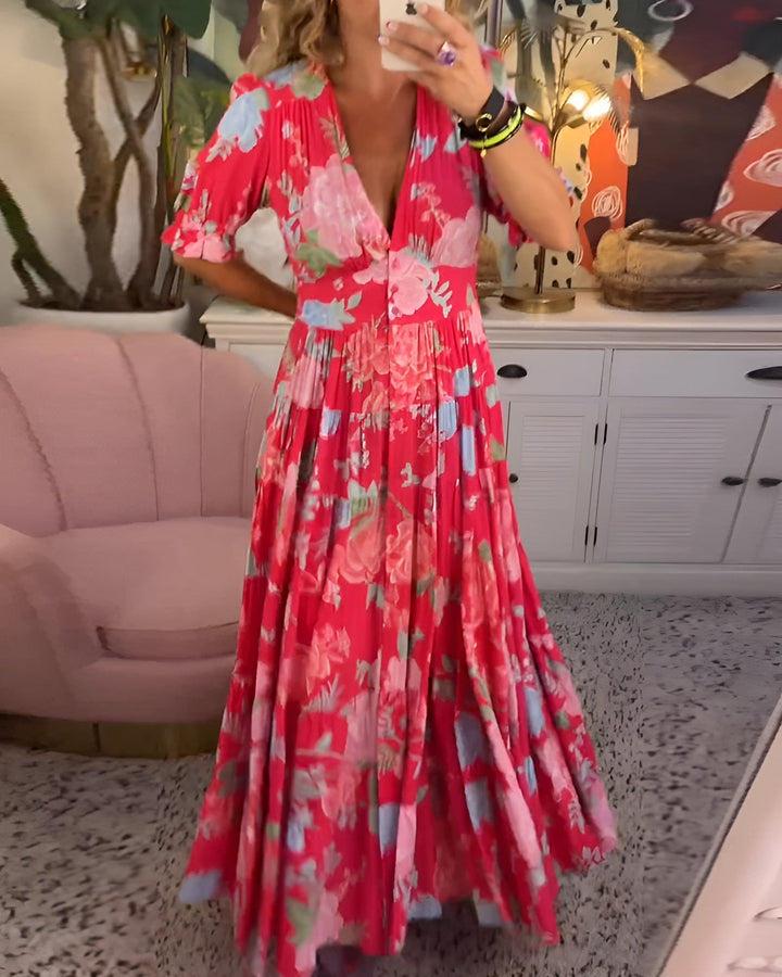 Kaela - Floral Print V-neck Pocket Dress