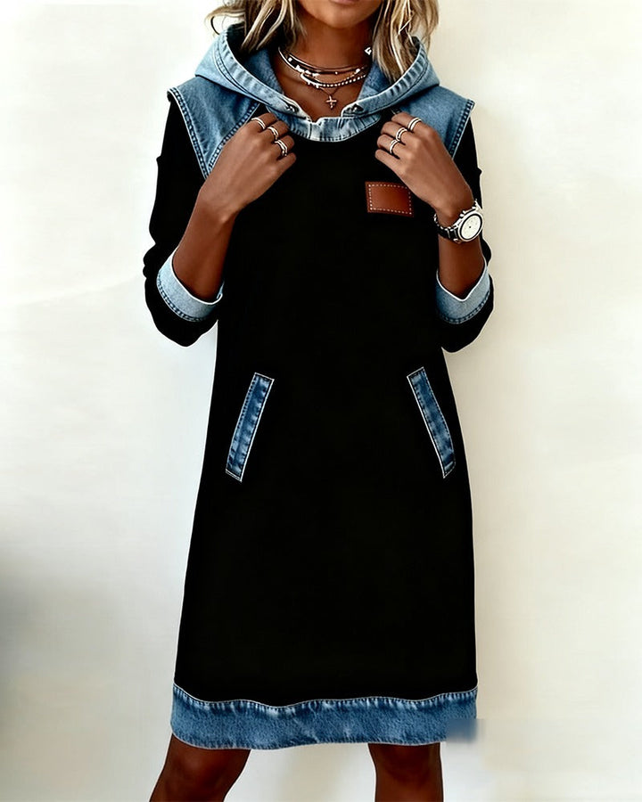 Viktoria - Casual Hooded Denim Insert Dress