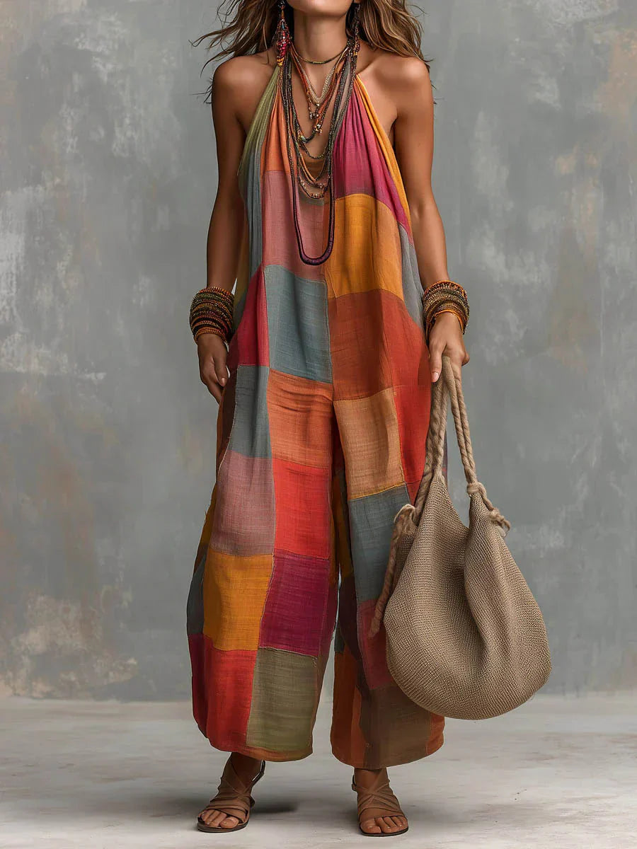 Meriny - Patchwork Halter Neck Jumpsuit With Wide Leg