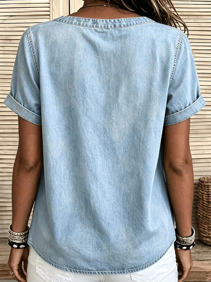 Ferina - Distressed Short Sleeve Denim Top