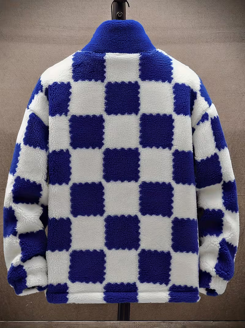 Opheeaa - Hooded Zip Up Checkered Fleece Jacket