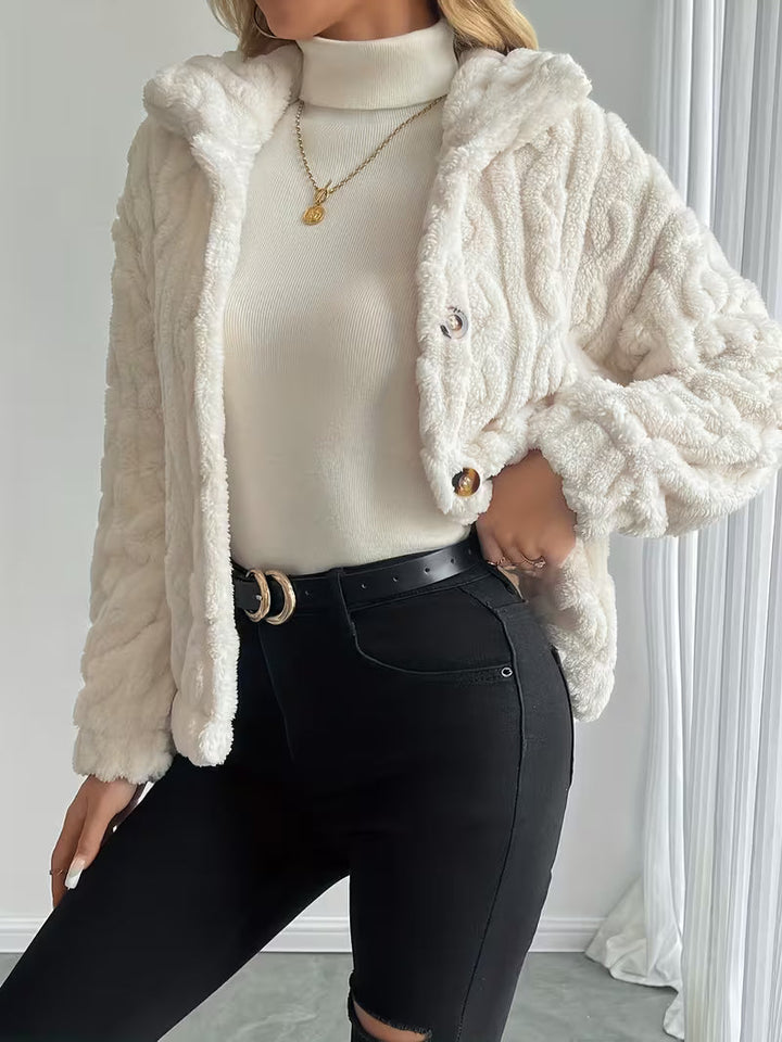 Rosaella - Cable Textured Fuzzy Teddy Jacket