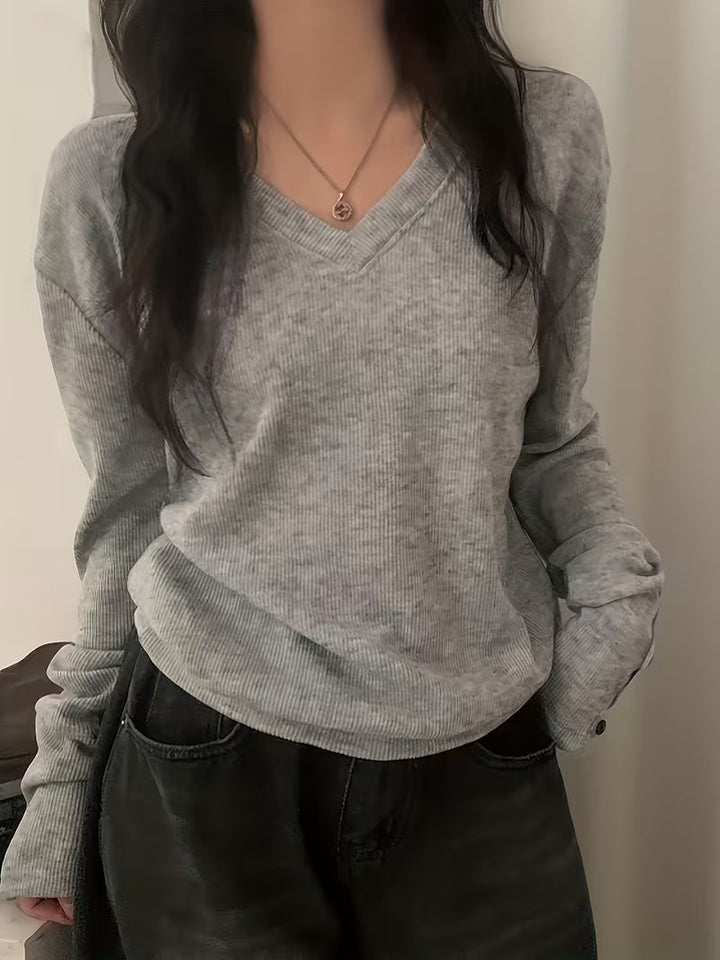 Yarena - V-neck Ribbed Button Cuff Sweater