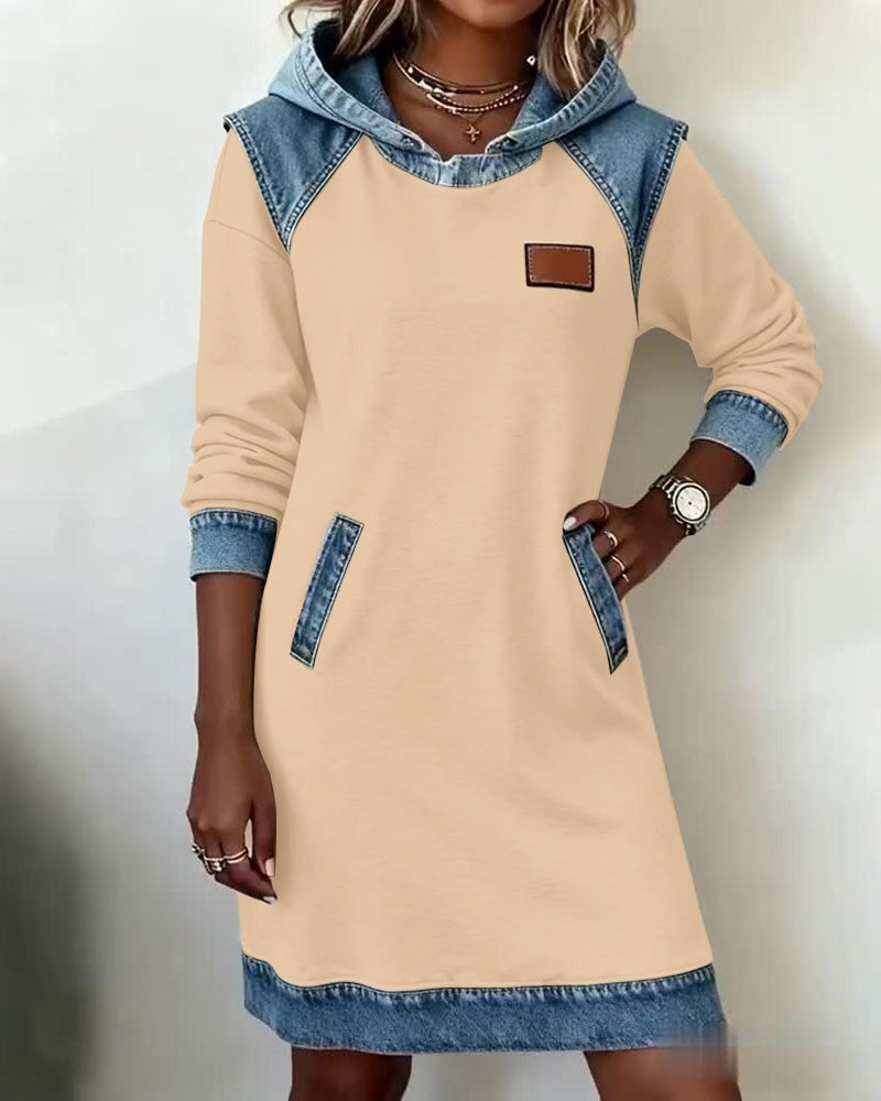 Viktoria - Casual Hooded Denim Insert Dress