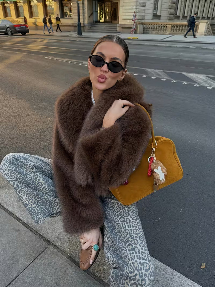 Gisenna - Faux Fur Oversized Cropped Lapel Jacket