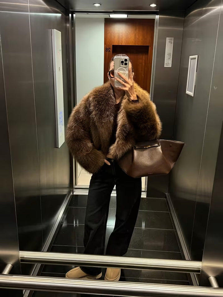 Gisenna - Faux Fur Oversized Cropped Lapel Jacket