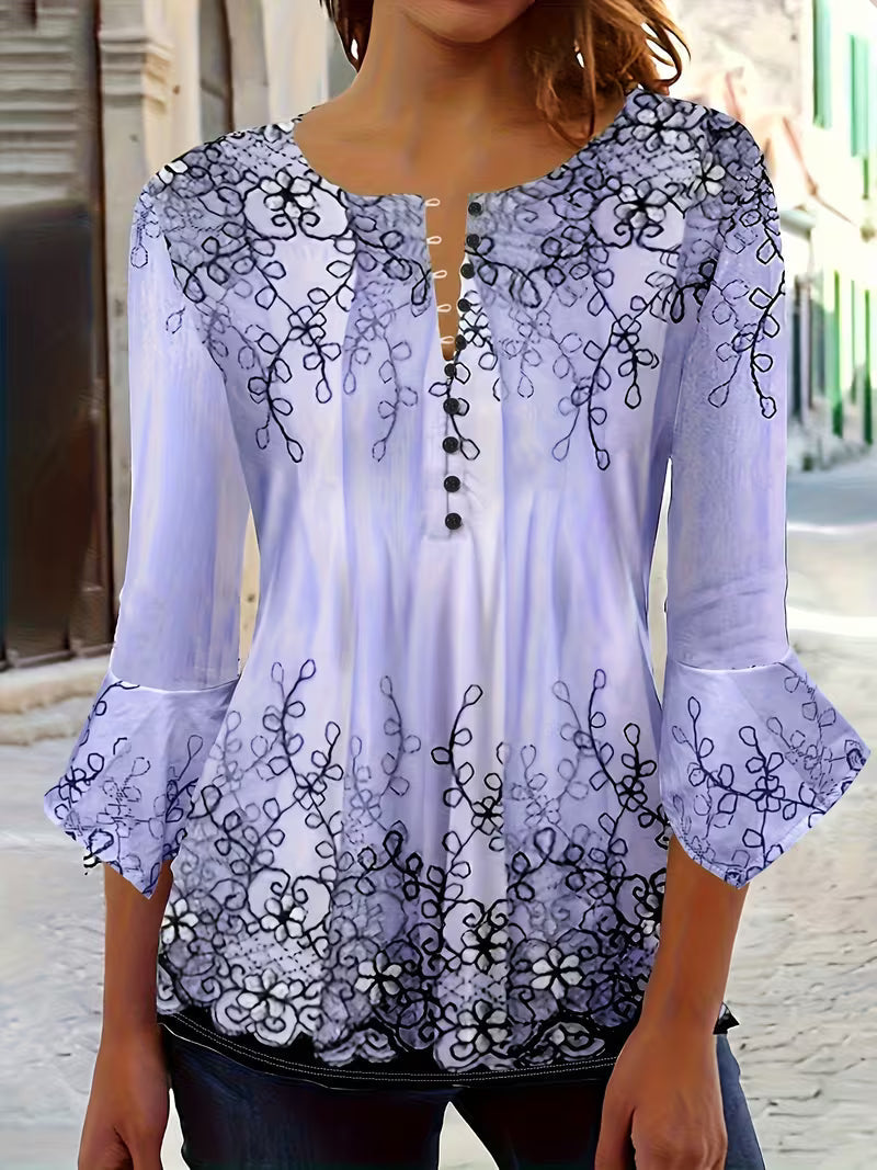 Mesley - Floral Print Ruffle Trim Half Sleeve Blouse