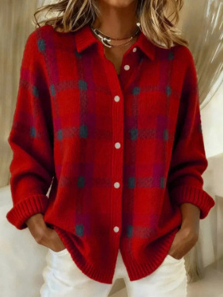 Rheaarora - Plaid Button-Up Knit Cardigan