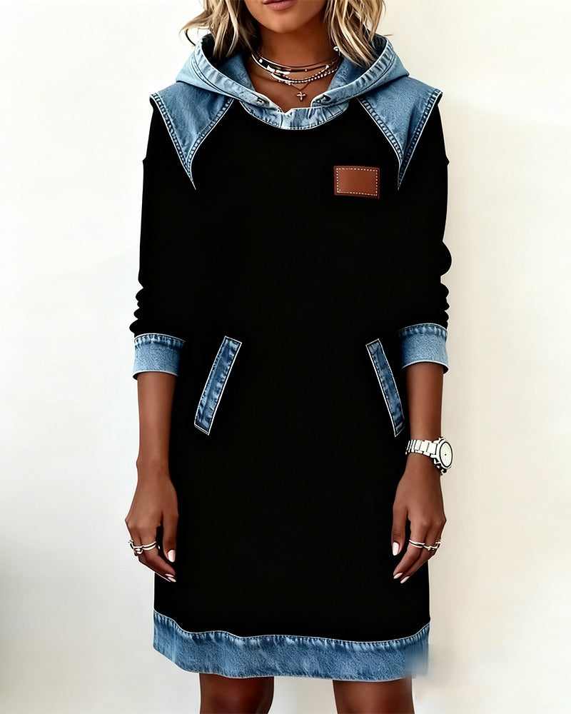 Viktoria - Casual Hooded Denim Insert Dress