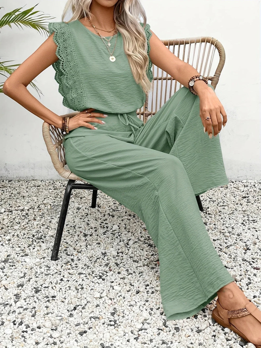 Ziva - Elegant Lace Top And Wide Leg Pant