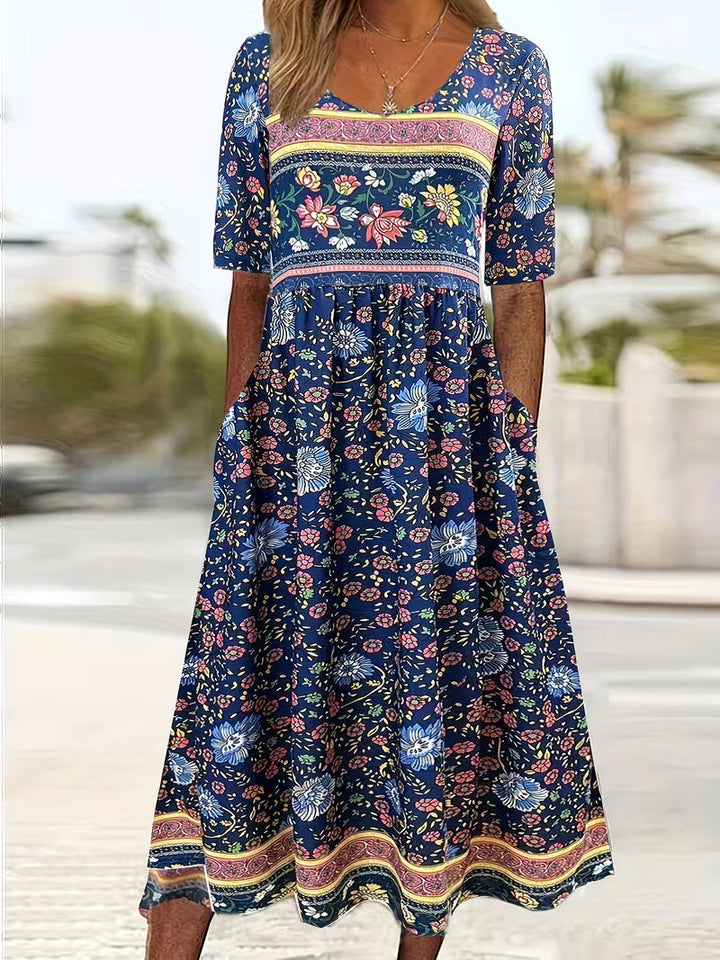 Lisan - Vintage Floral Print Dress with Pocket