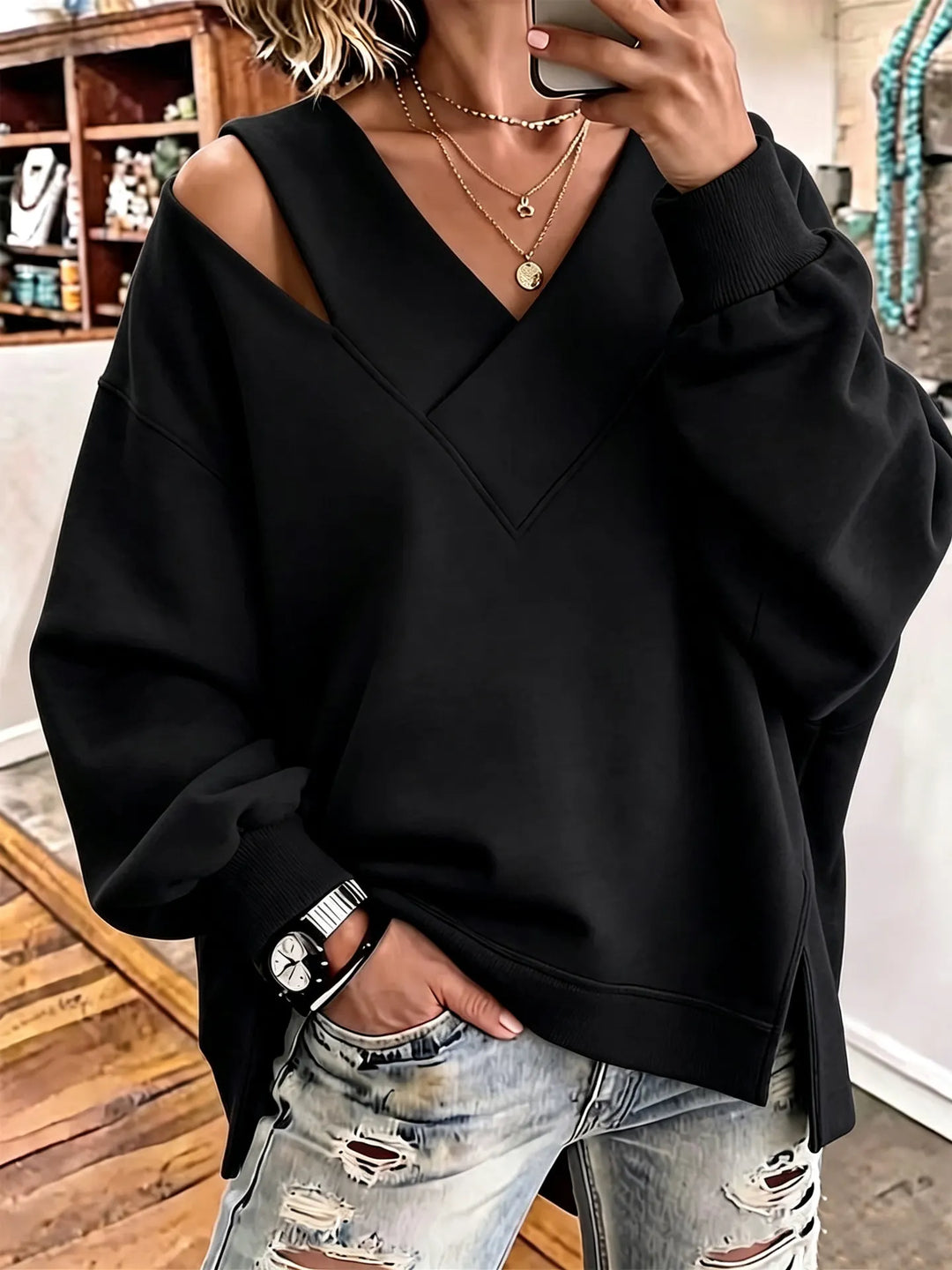 Opheyova - Chic Cutout V-Neck Oversized Sweatshirt