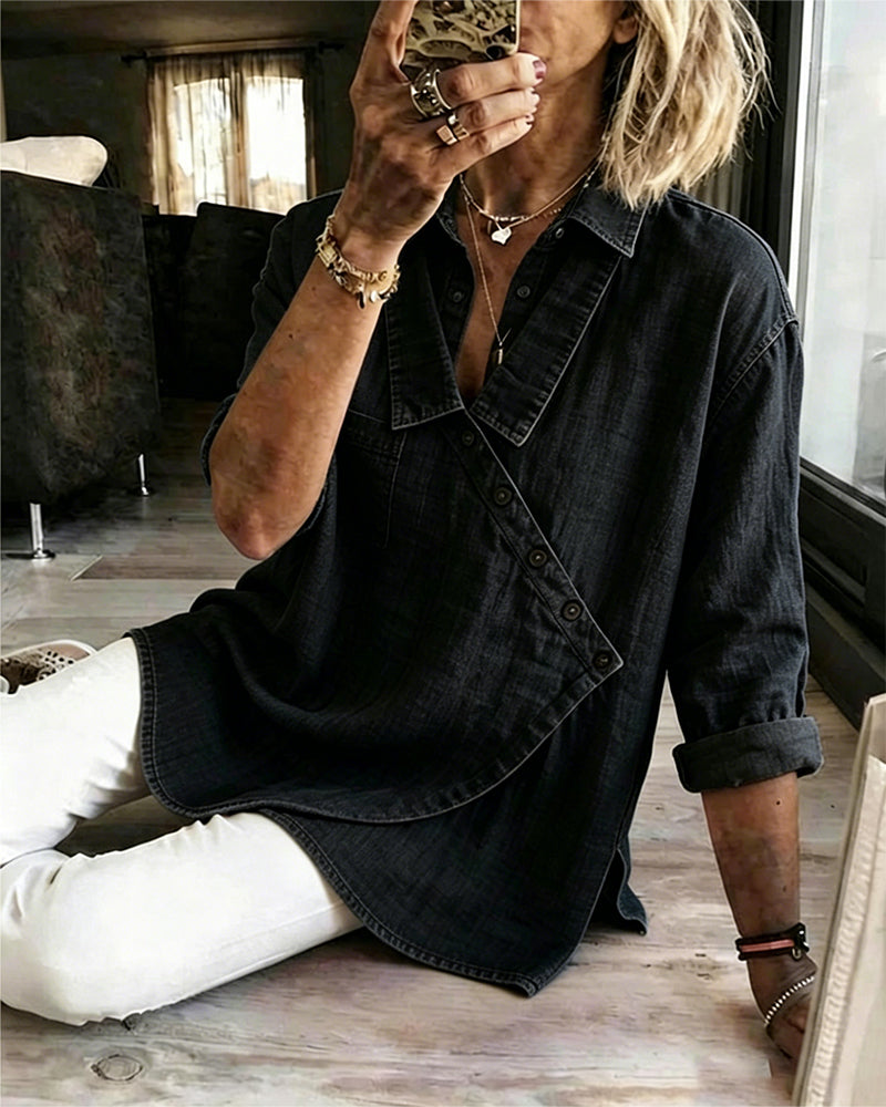 Olizia - Plain Blouse With Diagonal Button Neck