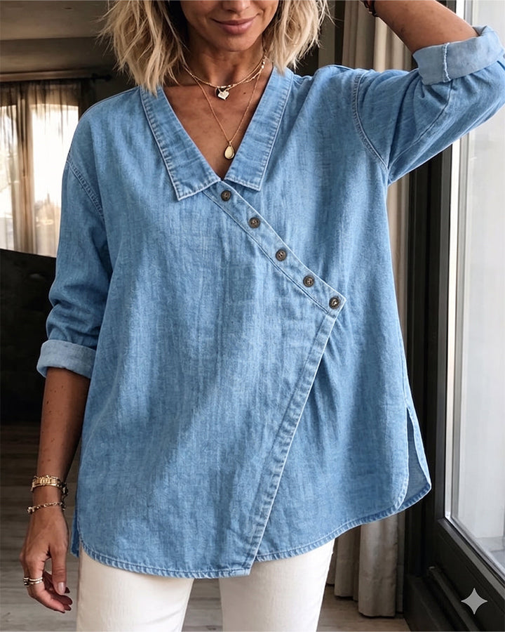 Olizia - Plain Blouse With Diagonal Button Neck