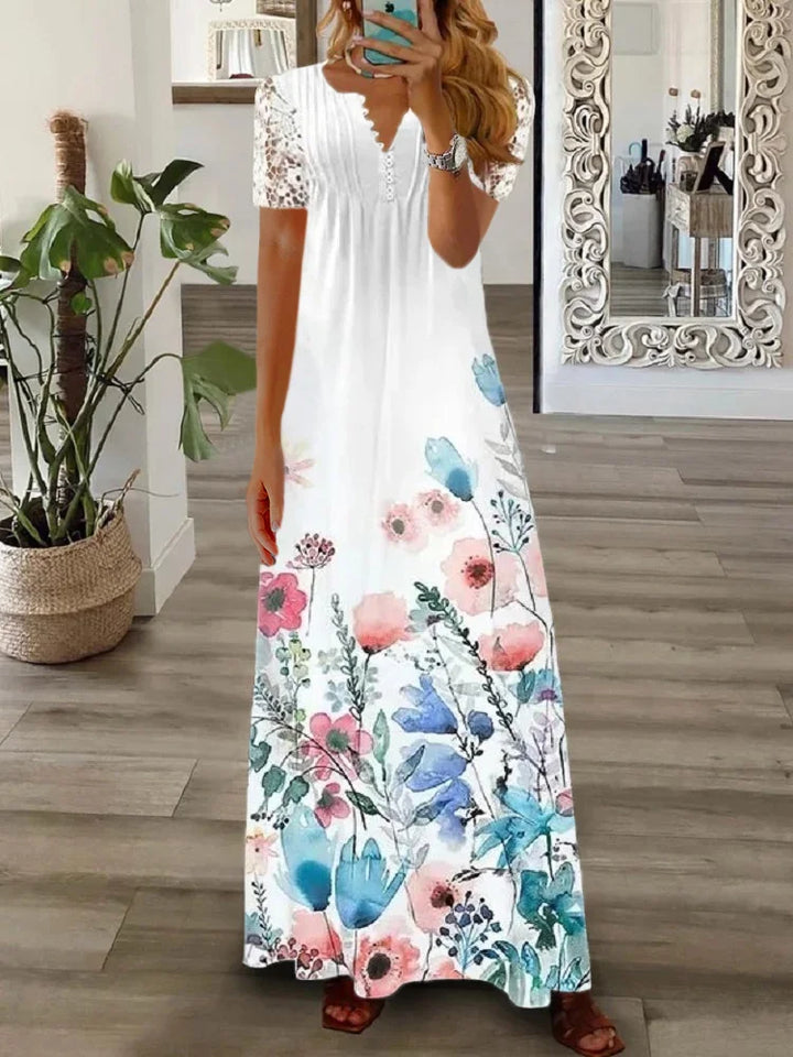 Gerda - Short Sleeve Dress With Lace Print