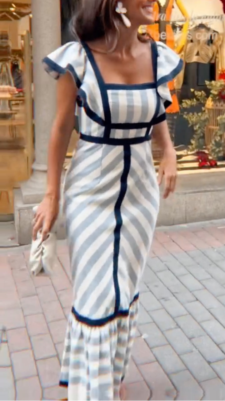 Lileeka - Mixed Stripe Sqaure Neck Maxi Dress