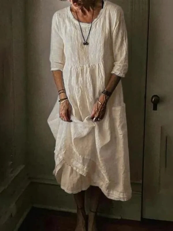 Tasoula - Elegant Linen Round Neck Dress