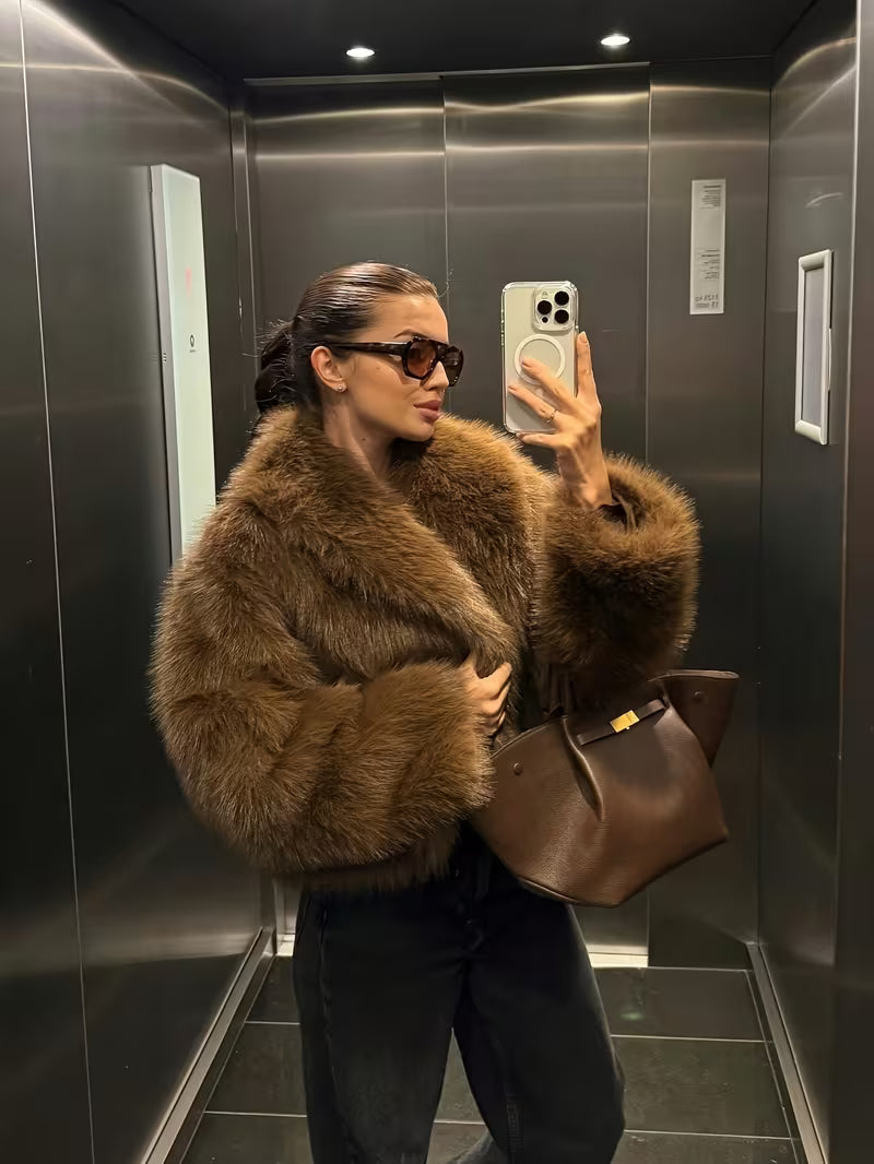 Gisenna - Faux Fur Oversized Cropped Lapel Jacket
