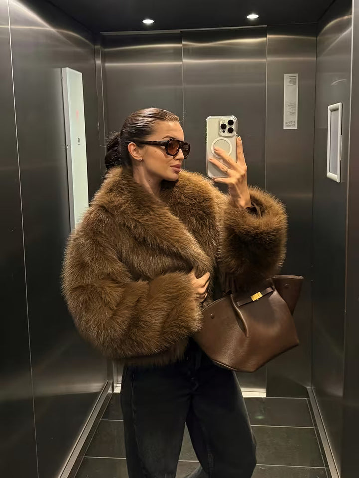 Gisenna - Faux Fur Oversized Cropped Lapel Jacket