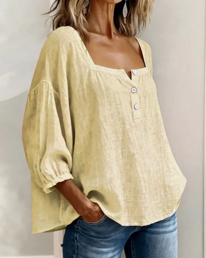 Leontien - Square Neck Long Sleeve Cotton Blouse