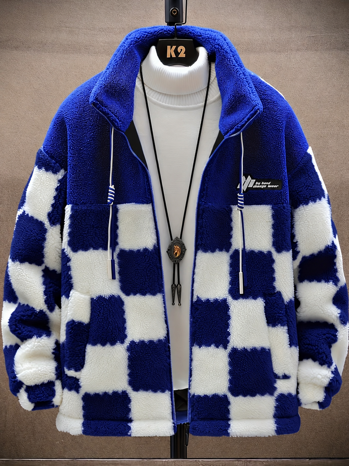 Opheeaa - Hooded Zip Up Checkered Fleece Jacket