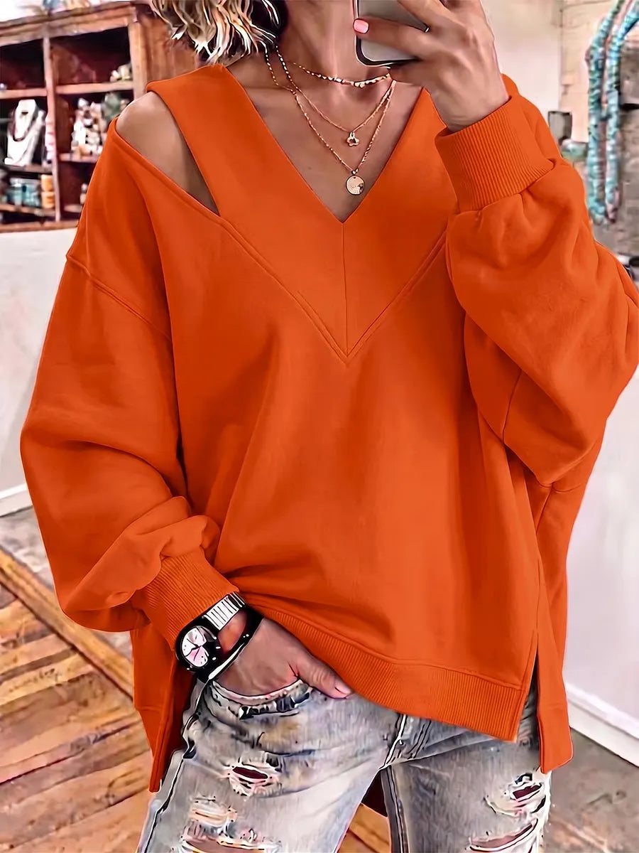 Opheyova - Chic Cutout V-Neck Oversized Sweatshirt