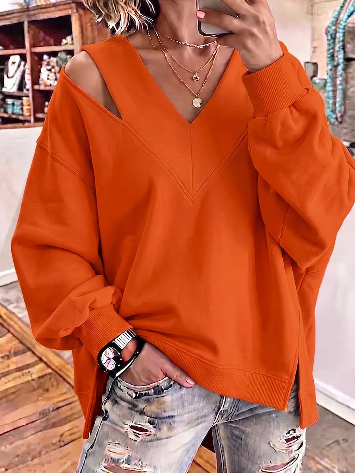 Opheyova - Chic Cutout V-Neck Oversized Sweatshirt