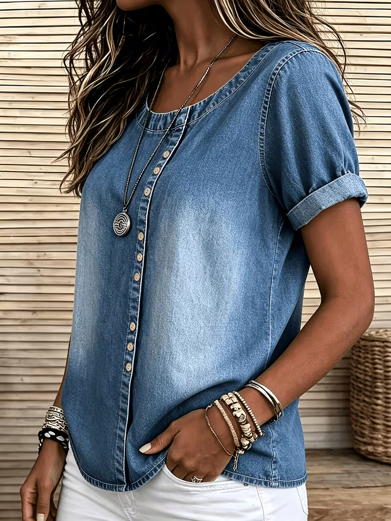 Ferina - Distressed Short Sleeve Denim Top