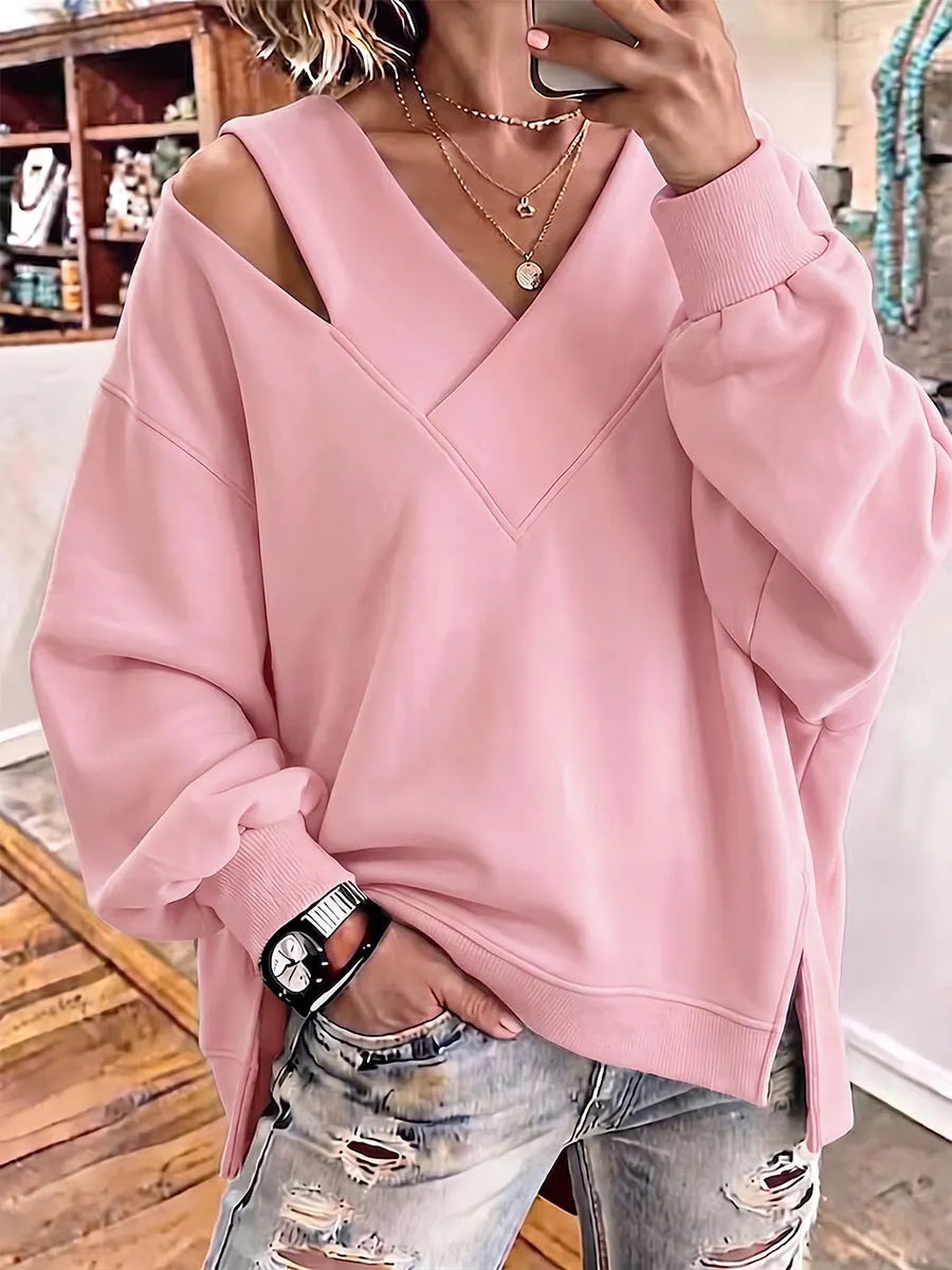 Opheyova - Chic Cutout V-Neck Oversized Sweatshirt