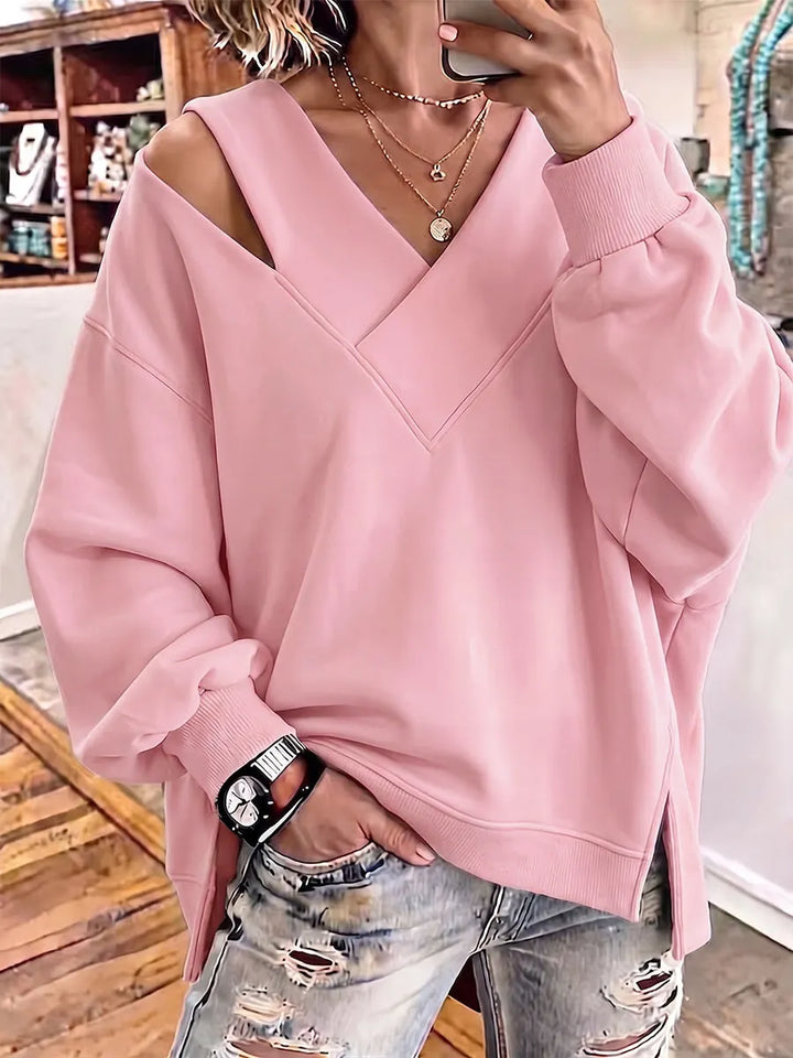 Opheyova - Chic Cutout V-Neck Oversized Sweatshirt