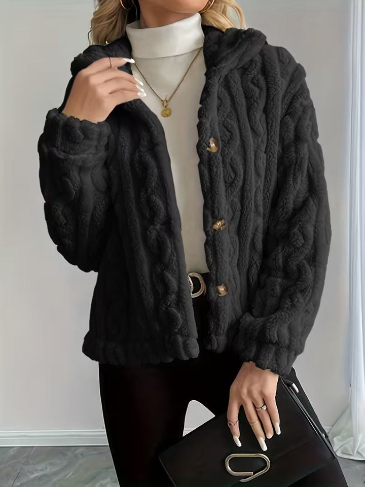 Rosaella - Cable Textured Fuzzy Teddy Jacket