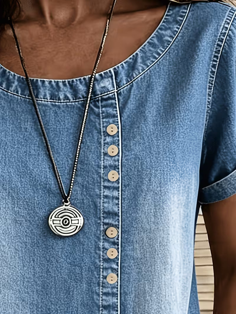 Ferina - Distressed Short Sleeve Denim Top