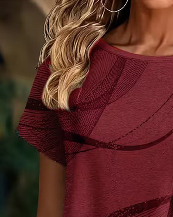 Zoniya - Asymmetrical Hem Printed Short Sleeve Top
