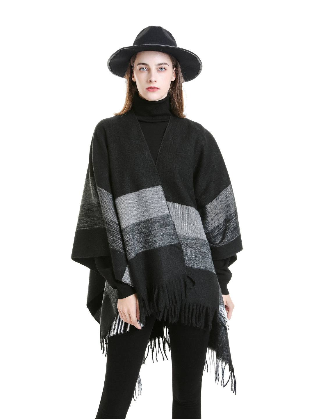 Lirelle - Geometric Pattern Fringed Poncho Shawl Wrap