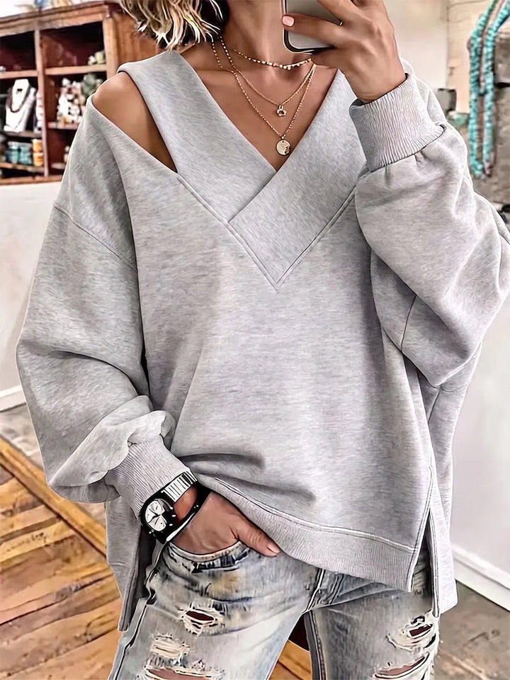Opheyova - Chic Cutout V-Neck Oversized Sweatshirt