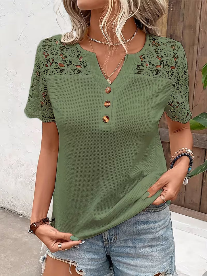 Sinna - Short Sleeve And V-neck Lace Panel Top