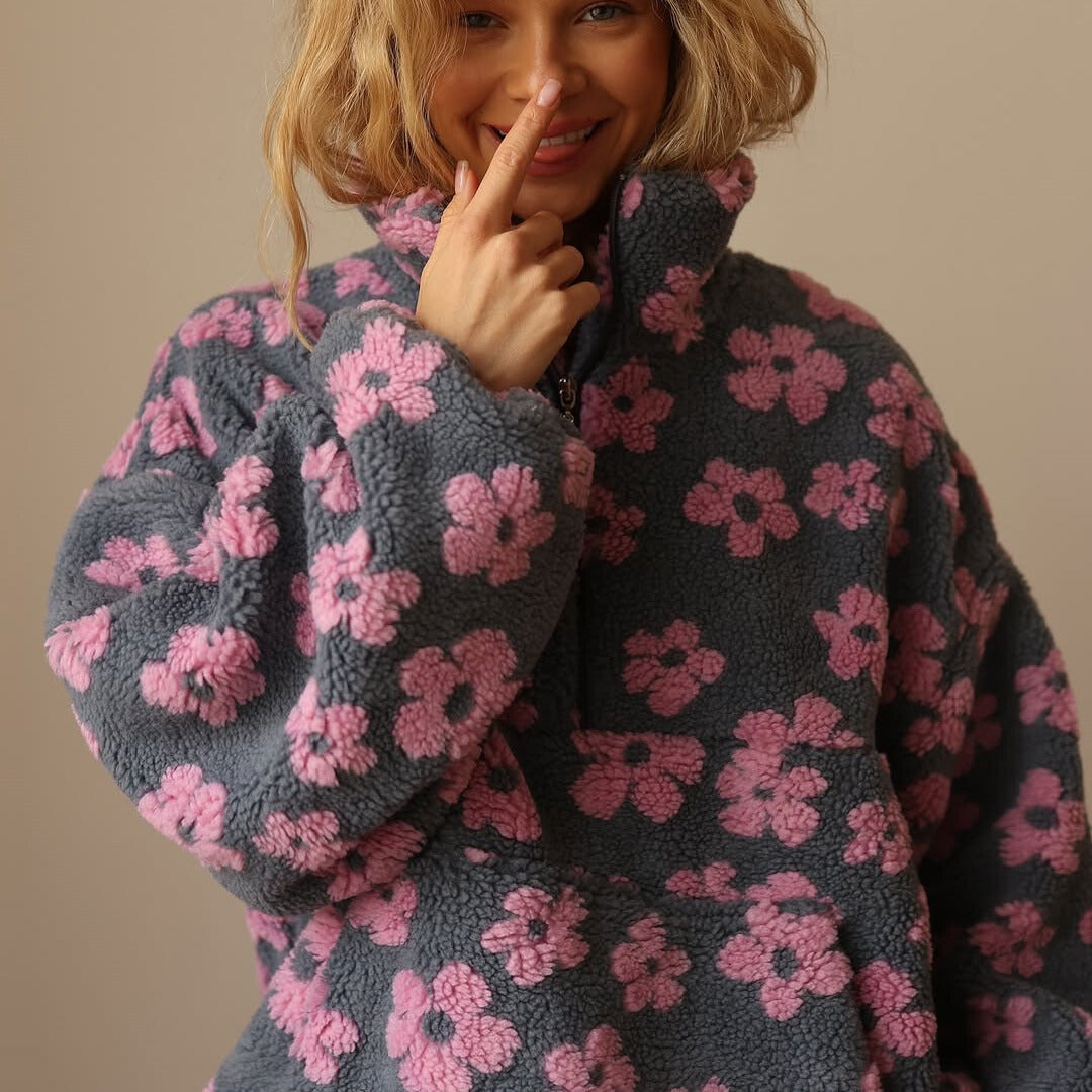 Azelma - Long Sleeve And Floral Print Fleece Sweater